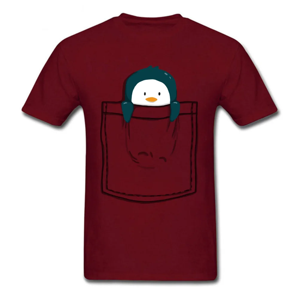 Pocket Penguin All Cotton Tops & Tees for Men Casual T Shirt Casual Funky Crew Neck Tees Short Sleeve Free Shipping Pocket Penguin maroon