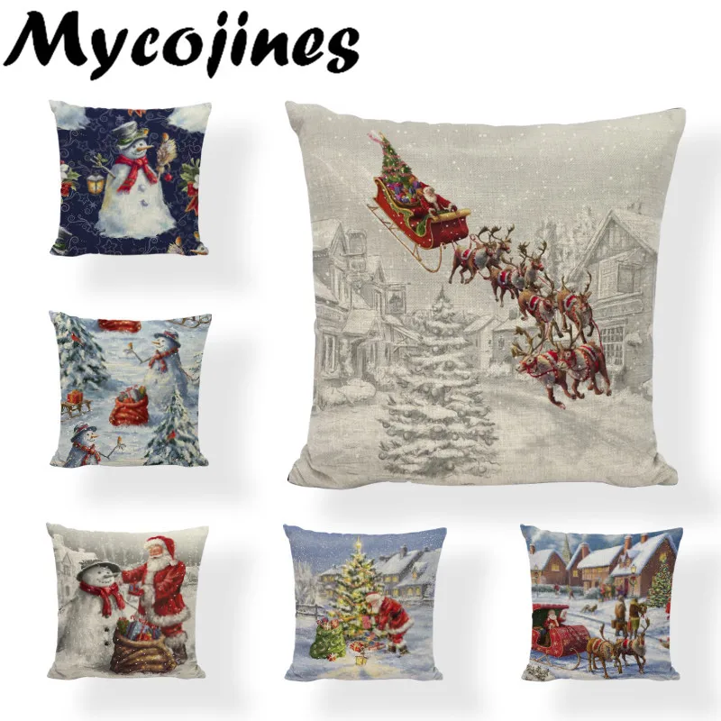 

Happy New Year Gift Christmas Tree Pillowcase Stug Snow Santa Clus Cushion Cover 45*45cm Flower and Bird Decor Sleigh Ride Seat