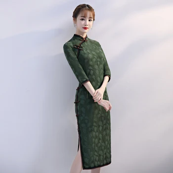 

2019 Fashion Knee Length Cheongsam Chinese style Mandarin Collar Dress Womens Spring cotton Qipao Slim Party Dresses Vestido