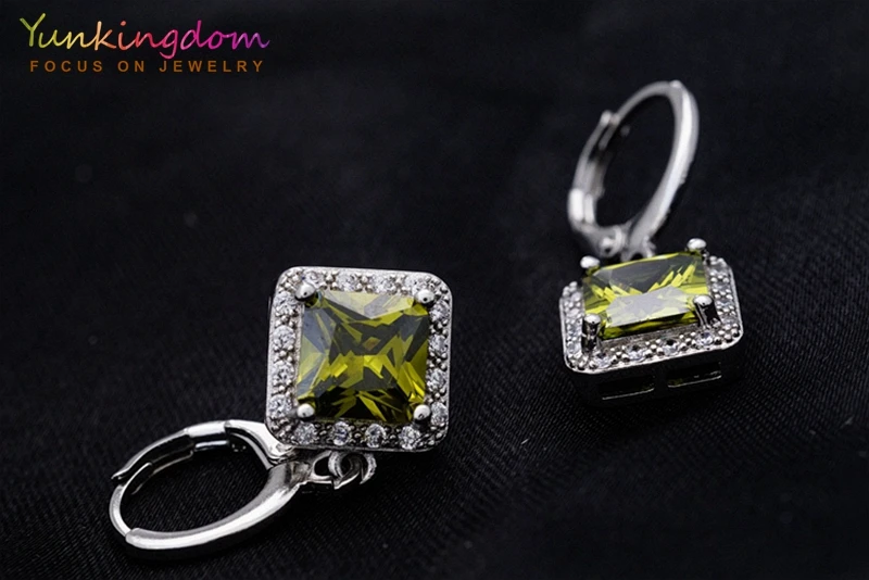 Yunkingdom New Hot Sale Olive Green Square Crystal Zircon Drop earrings Small Dangle for Women Fashion Jewelry