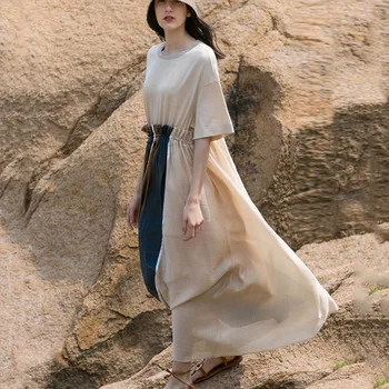 

DEAT 2020 New Summer Fashion Women Clothes Short Sleeves Striped Patchwork Ruffles Pullover Dress WG90812 Free Size