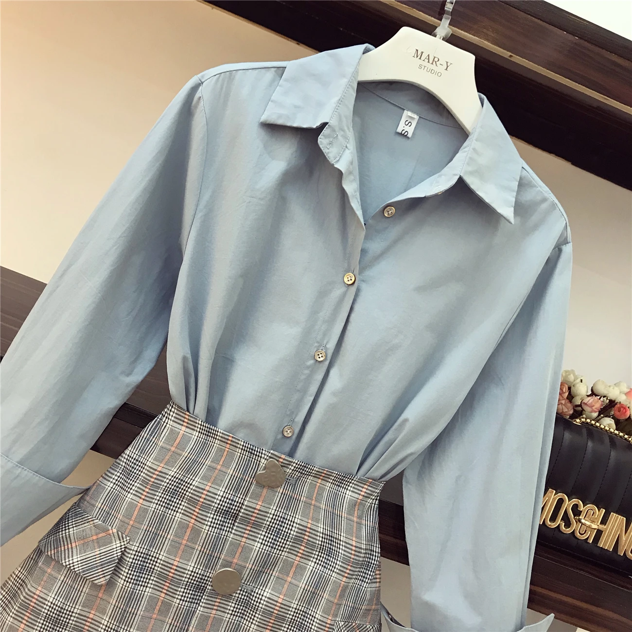 À Bleue Paquet Taille pièce Ciel 2019 Ensemble Ol Haute Manches Femmes Dames Hanche Jupe Pu Nouveau Longues Printemps Carreaux Deux Revers Chemise De Mini x7qTXwz7v