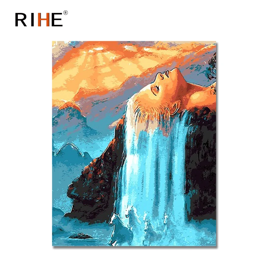 

RIHE Hair Waterfall Diy Painting By Numbers Woman Sunset Oil Painting On Canvas Cuadros Decoracion Acrylic Wall Picture For Room