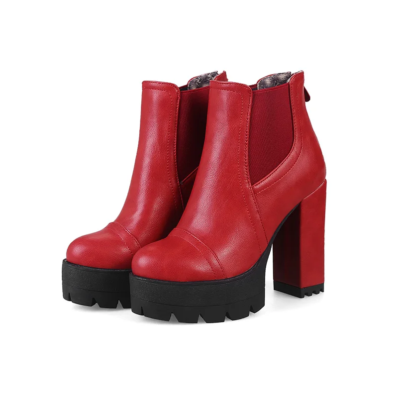 WETKISS/ г. Последние Большие размеры 32–43 женские ботильоны обувь на толстом высоком каблуке осень-зима дамские ботинки на платформе с молнией женская обувь - Цвет: Красный
