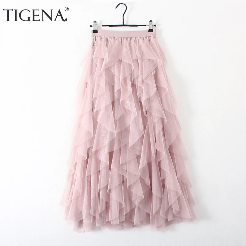 Tanie TIGENA Fashion Tutu spódnica z tiulu kobiety długa długa spódnica 2019 koreański śliczne różowe wysokiej talii plisowana spódnica kobieta szkoła słońce spodnica