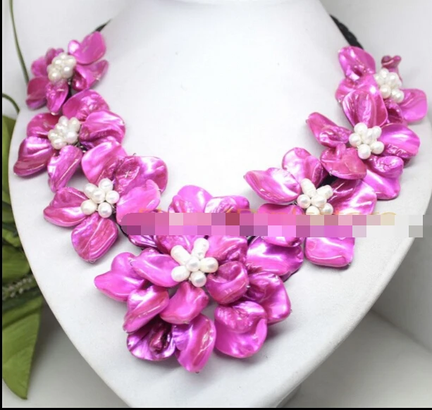 

huij 001553 white pearl pink mother of pearl shell flower handmade necklace 18" Jewelry
