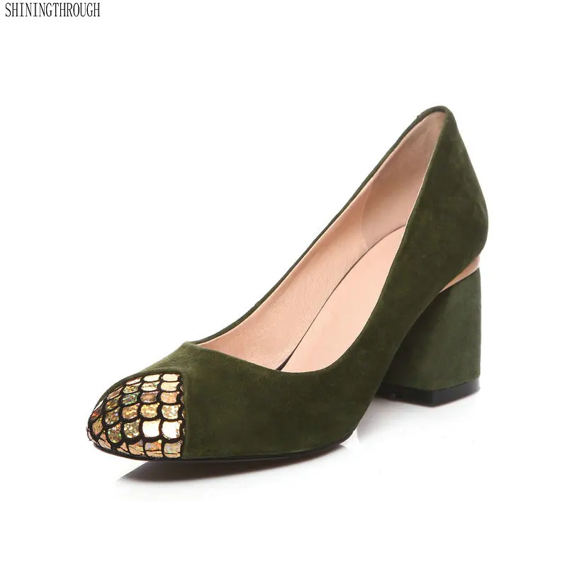

Genuine Leather women pumps thick high heels dress shoes woman ladies summer shoes large size 42 black red green winered
