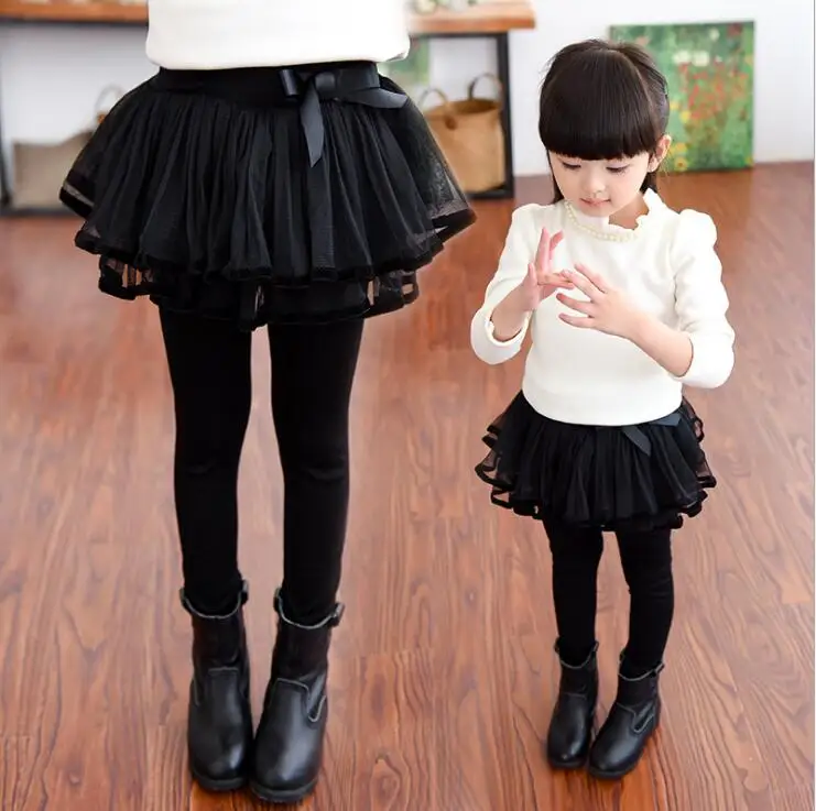 

Fake Two -piece Solid Color Leggigs For Girls Sweet Bow Mesh Culottes Autumn Winter Children Pants Roupas Infantis Menina