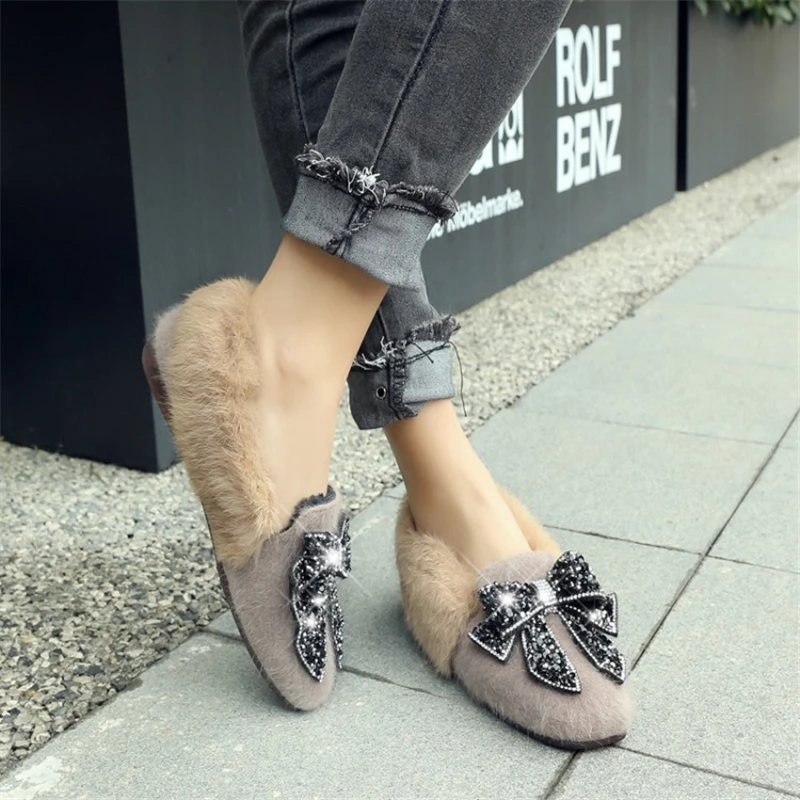 

Fuzzy Flats Women Crystal Shoes Slip On Fluffy Fashion Ladies Flock Black Khaki Yellow Shoes Fur Winter Flats Plus Size 44