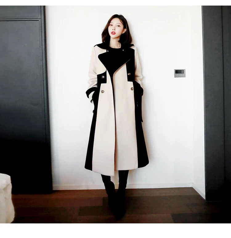 HAMALIEL корейское осенне-зимнее женское твидовое толстое теплое пальто модное шерстяное двубортное лоскутное длинное шерстяное пальто с поясом
