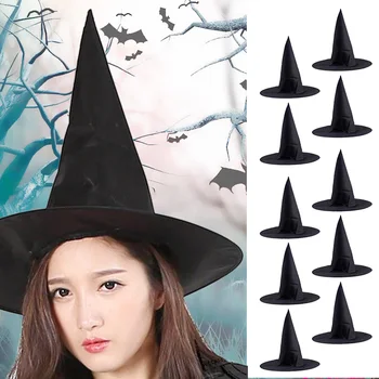 

Behogar 10Pcs/Sets Adult Unisex Black Oxford Fabric Witch Hat For Halloween Costume Accessories Cap Chrismas Party Dress-up Hats