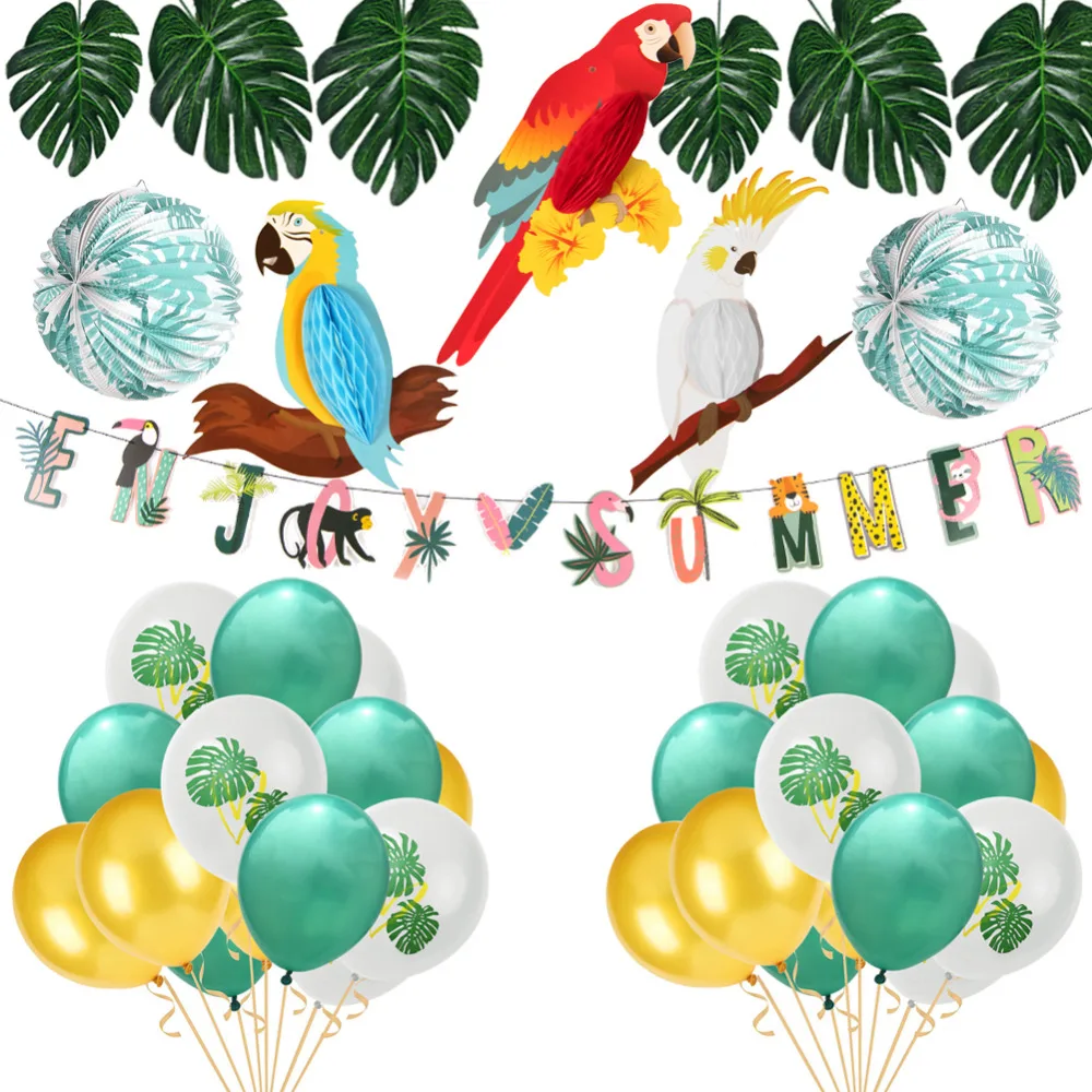 

Jungle Party Decoration Set Enjoy Summer Banner Zoo Parrot Tropical Honeycomb Balloons Lanterns Palm Leaves Safari Shower Decor