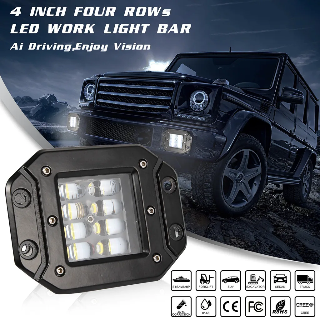 

Car LED Headlight Kit Flush Mount LED Work Light Bar Rear Bumper Reverse Pods 4-Row Driving 80W 4in Car Accessories