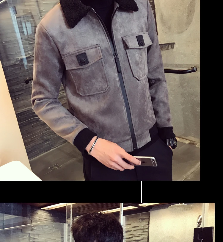 Winter Bomber Homme Men Suede Jacket Erkek Khaki Thick Warm Slim Fit Winter Jacket Deri Ceket Coats Mens Fur Collar