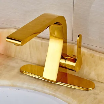 

Modern Style Golden Color Solid Brass Bathroom Sink Faucet Single Handle Mixer Tap with Cover Plate