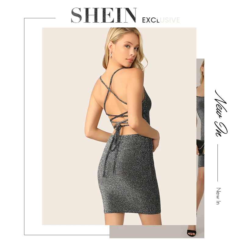 SHEIN, сексуальное серое платье с перекрещивающимися ремешками на спине, блестящее облегающее платье на бретельках, однотонное летнее платье для вечеринок, женские эластичные Гламурные тонкие короткие платья