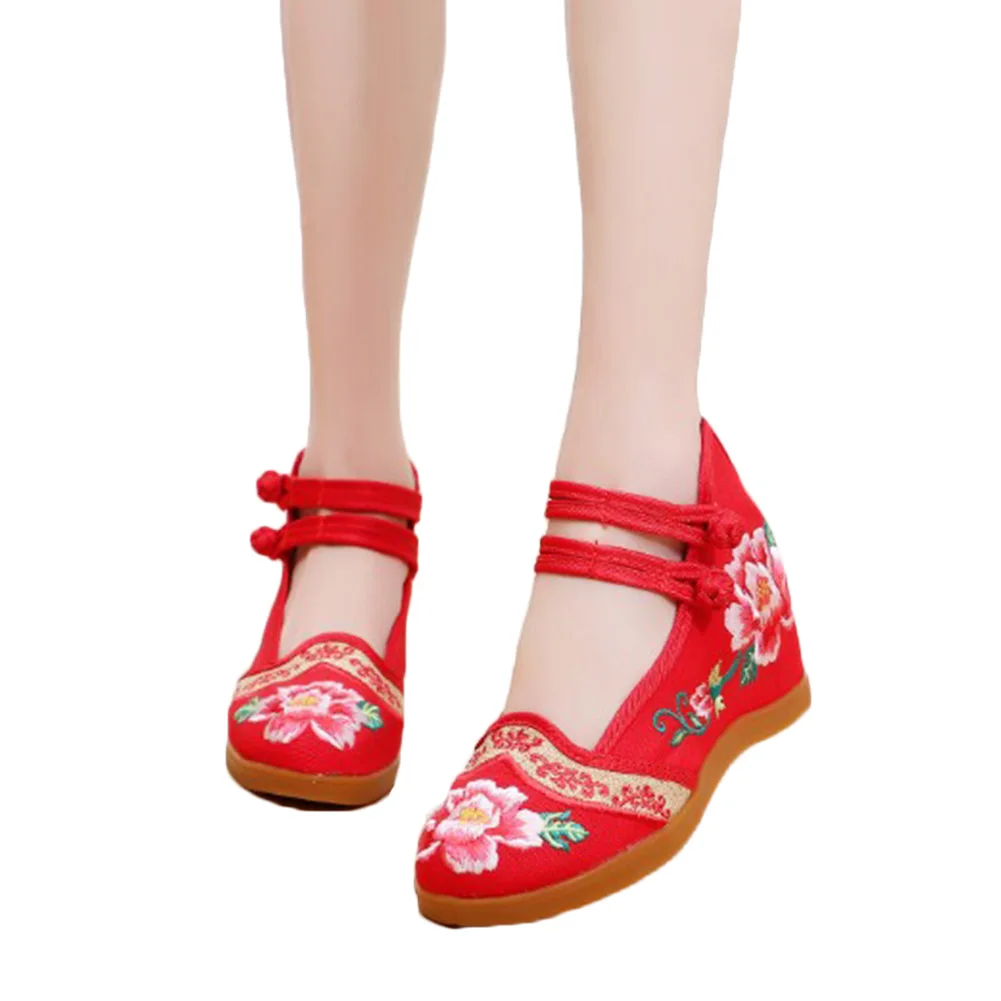 

Flower Embroidery Women Increased Platform Chinese Style Old Peking Mary Janes High Heels Soft Sole Cloth Shoes Woman