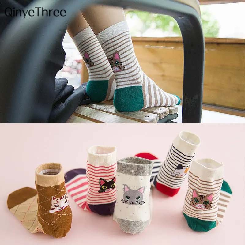 

Funny women winter CAT warm soft cotton socks "I love kitten" words pattern stripes with cartoon cat tube sock mujer sox