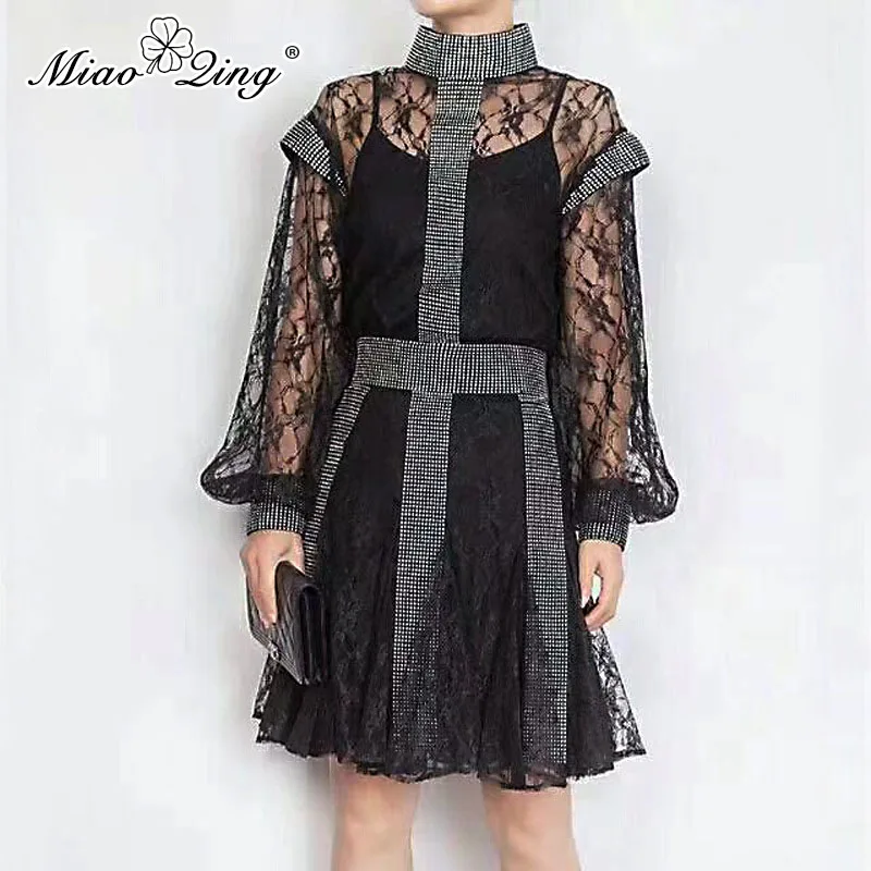 

MIAOQING Vintage Hollow Lace Blouses for Women Patchwork Sequins Diamond Glitter Black Blouse Shirts Ladies Tops 2019 Spring