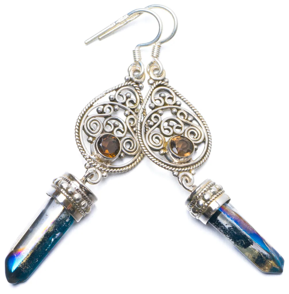 

Natural Rainbow Drusy Cluster and Smoky Quartz Handmade Unique 925 Sterling Silver Earrings 2.5" Y0561