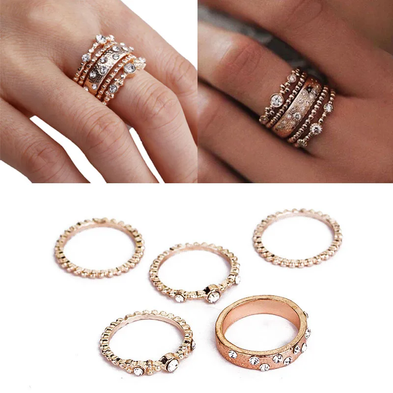 5 Pcs/Set Stackable Ring Women Girls Crystal Finger Rings Set Fashion