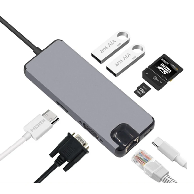 8 в 1 USB C концентратор HDMI 4 K RJ45 Gigabit Ethernet VGA порт Тип питания SD TF кард ридер для Macbook