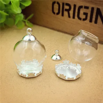 

10sets 20mmx15mm clear empty glass globe bottle with silver color base cap set glass vial pendant glass dome cover