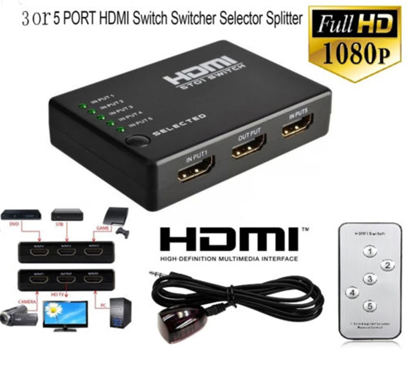 Tonbux 3/5 до 1 1080P HDMI конвертер 3 или 5 портов Разветвитель переключатель