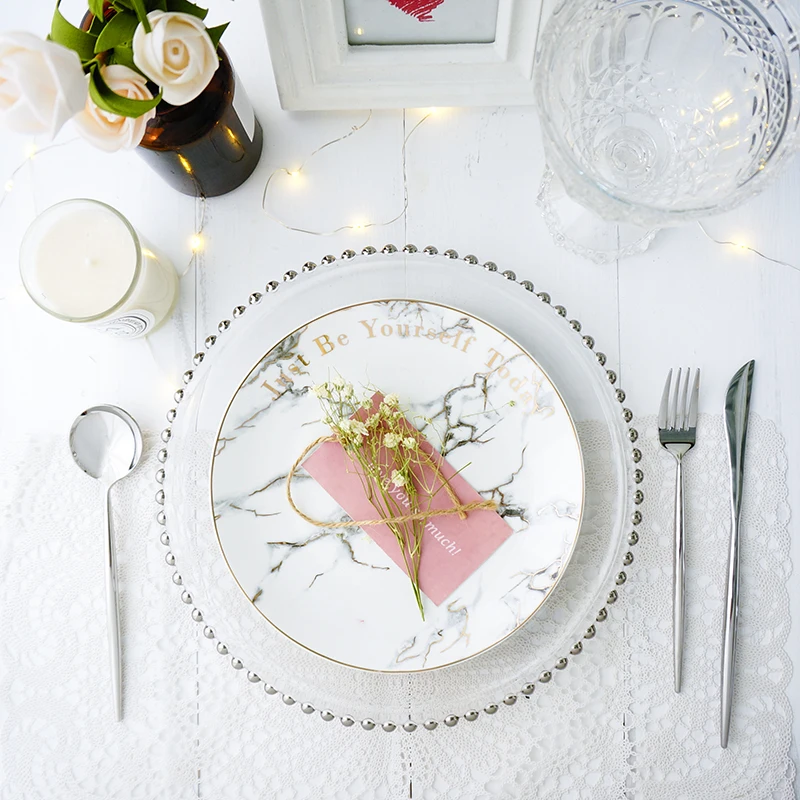 Gold Rim glass pearl tray transparent glass beads plate fruit cake Western dish plate golden edge plate (10)