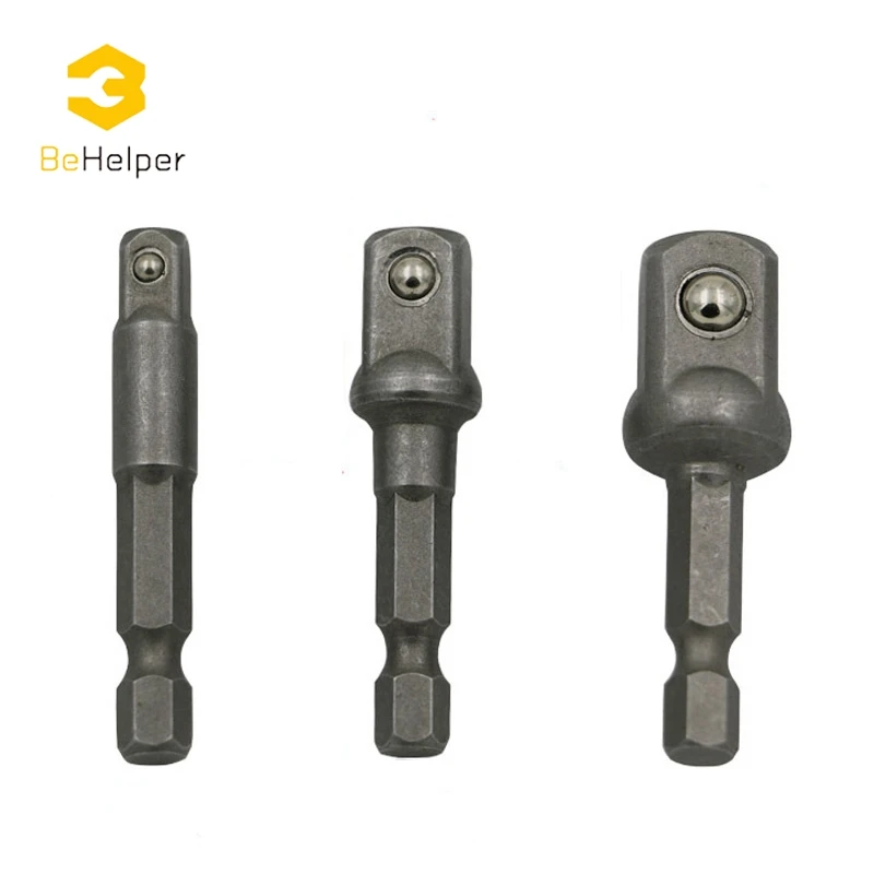 

BeHelper 3 Pcs Wrench Socket Adapter Set ,Hex Shank to 1/4" 3/8" 1/2" Drill Bit Extension Bar Socket Connection Rod Power Tools