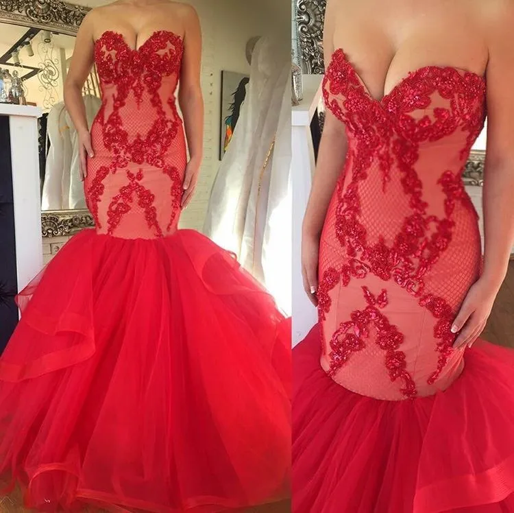 Cheap Red Prom Dresses Party Gowns Sweetheart Sequins Lace Tulle Mermaid Long Formal Evening Dress 2017