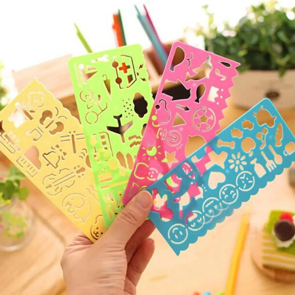 

4PCS Cute Art Graphics Symbols Drawing Template Stationery Candy Color Ruler Student Kids Drafting Stencil Ruler Stationery