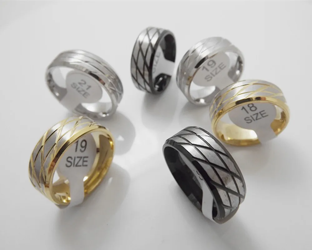 

For sale 6 pcs fashion 8mm Three-color mix Slash stripes stainless steel ring