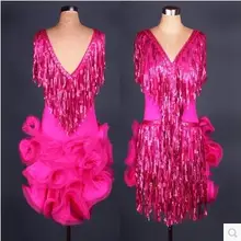 Латинский Танцевальный костюм сексуальные старший спандекс V шеи кисточкой латинские танцы платье для женщин латинский одежды для конкурса танцов платье