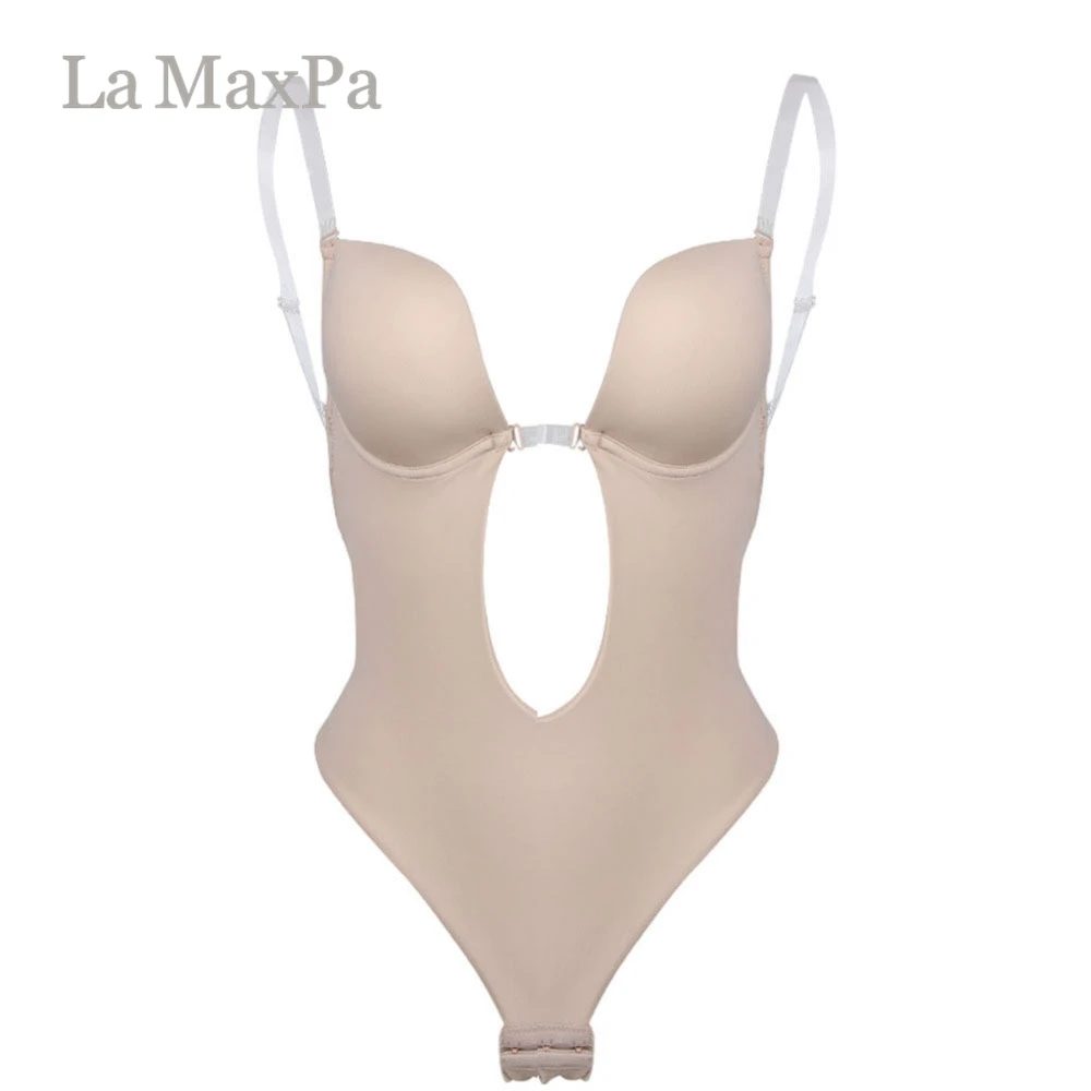 Women Body Shaper Clear Strap Backless Shapewear Deep Plunge Thong Push Up  Padded Bra Bodysuit Low Back Beige Slimming Underwear - AliExpress