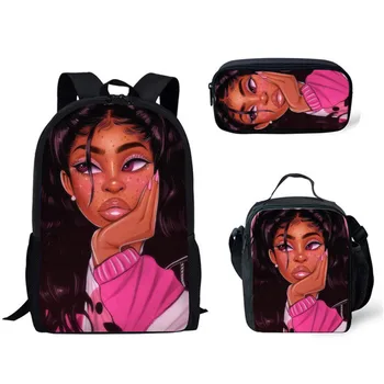 

FORUDESIGNS 3Set Primary Children School Bags Black Art African Cute Girls Prints 16 Inch Backpacks Schoolbag Bagpack Mujer 2019