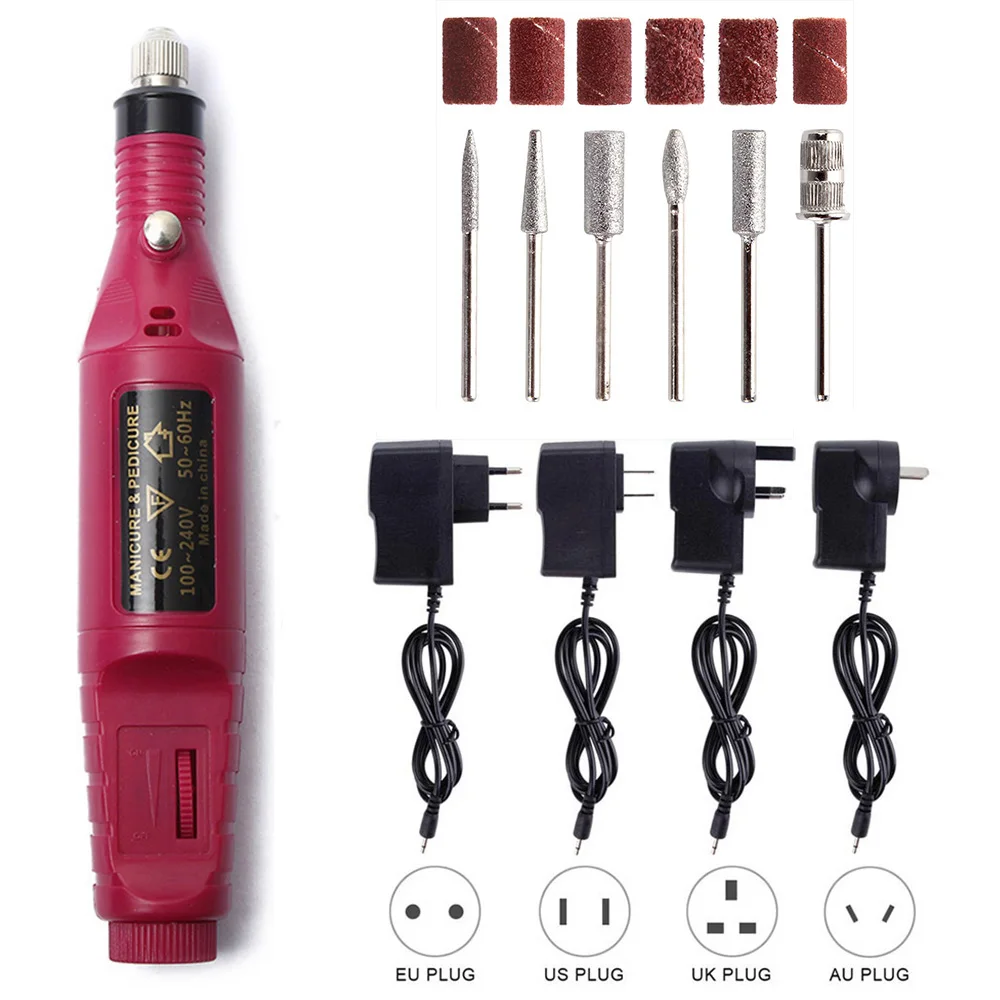 

1set 6 Bits EU/US/UK/AU Plug Electric Manicure Machine Pen Pedicure Gel Cuticle Cutters Mill Polish Tool New 20000RPM Strong Kit