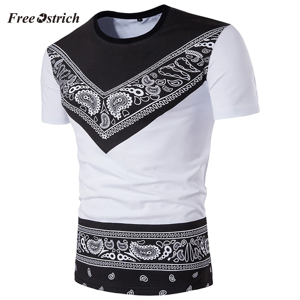 

Free Ostrich Men's Ethnic Style T-shirt Casual African Print Pullovers Casual Summer Tees Short Sleeve Round Sleeve Tops