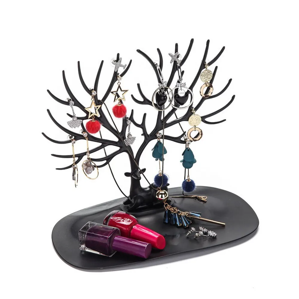 Маленькие серьги с оленями, ожерелье, кольцо, ювелирные браслеты и кулоны, дисплей, подставка, лоток, дерево, стеллаж для хранения, органайзер, держатель H39 - Цвет: Черный