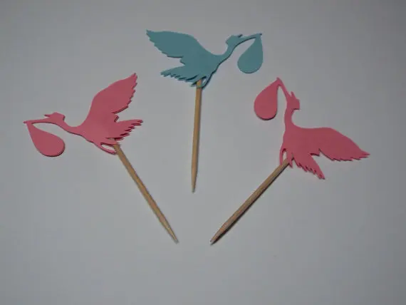 

Pink & Blue Stork Cupcake Toppers/Gender Reveal Party/Food Picks baby shower birthday toothpicks decor