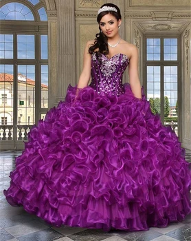 2017 New Red Gold Purple Cheap Quinceanera Dresses Ball Gown Crystals Organza Sweet 16 Dresses Vestidos De 15 Anos