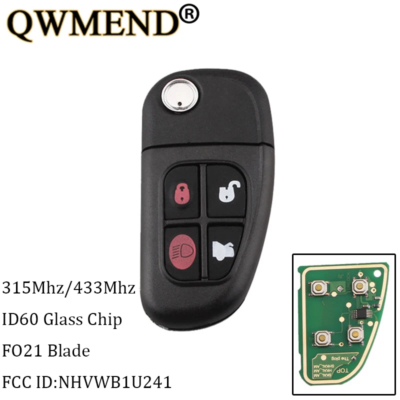 

QWMEND Remote Key 433Mhz/315Mhz For Jaguar X-Type S-Type 1999-2009 XJ XJR 2002-2008 ID60 Chip NHVWB1U241 CWTWB1U243