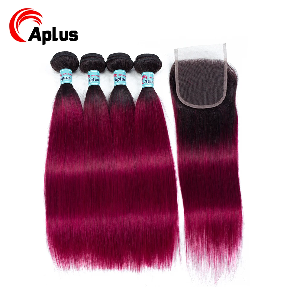 

Aplus Colored Bundles With Closure T1b/Burg Ombre Peruvian 4 Hair Bundles With Closure Straight Human Hair Burgundy Non Remy