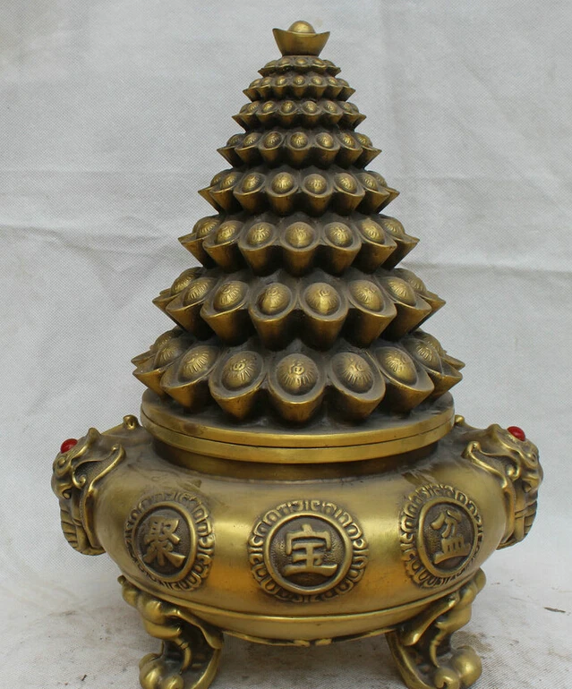 

Collectible bronze S1821 16" China Copper Wealth 3 Foot Elephant Head Treasure Bowl Incense Burner Censer