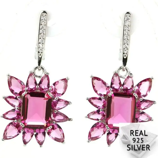 

6.9g Real 925 Solid Sterling Silver Colorful Pink Tourmaline Violet Tanzanite Blue Topaz Earrings 38x18mm