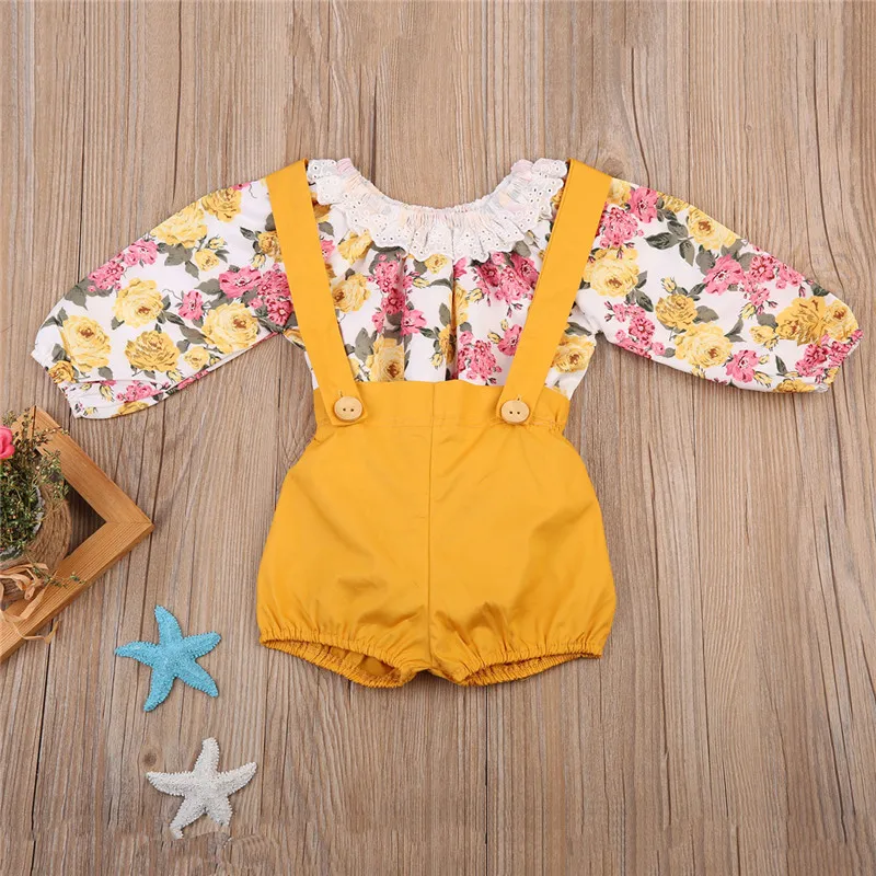 

Infant Baby Girls Clothes Lace Collar Floral Shivering Romper Solid Yellow Suspender Shorts 2pcs Bebe Clothing Sets