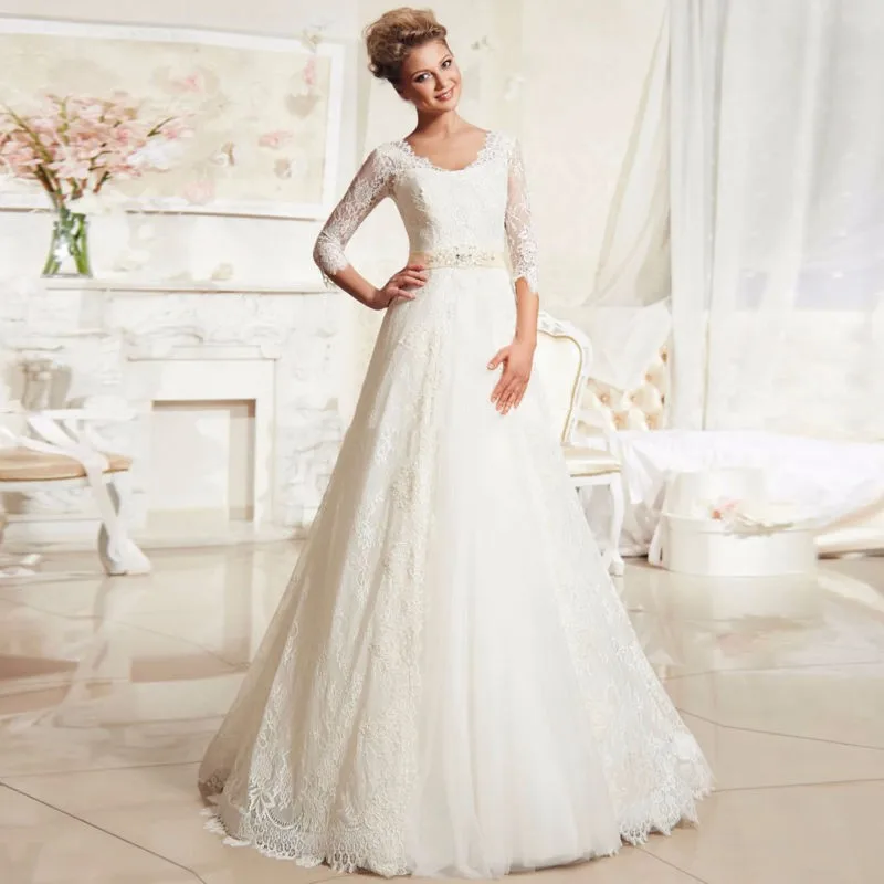 Vestidos-de-noiva-manga-curta-Lace-Wedding-Dresses-A-Line-Bandage-Bridal-Gowns-Belt-Scoop-Trouwjurken