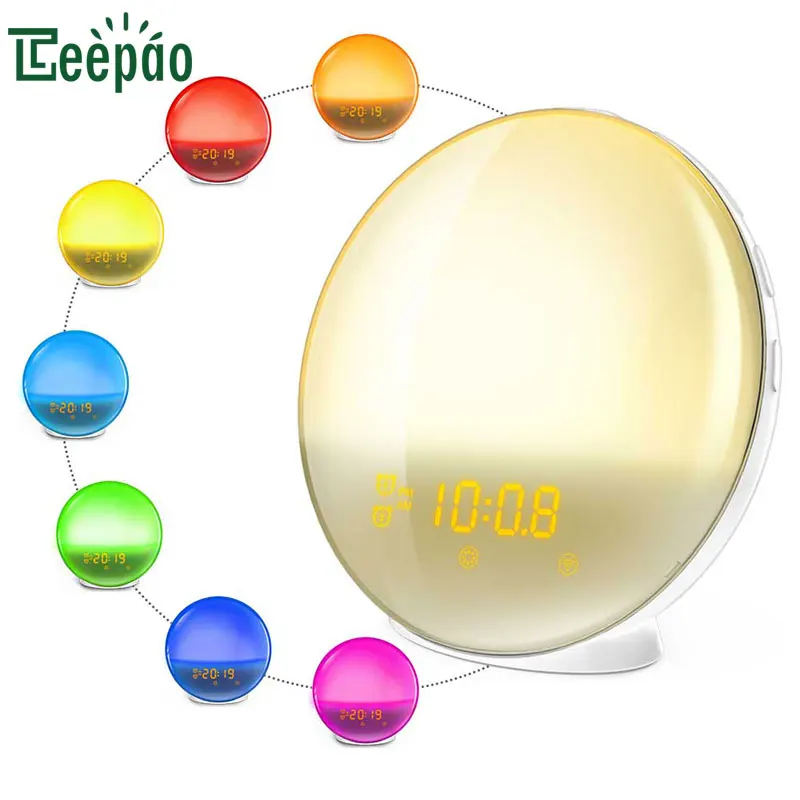 

Simulated Sunrise Sunset Wake Up Lamp Digital Alarm Clock FM Radio LED Wake Up Light Snooze Mode Touch Sensor Night Beside Lamp