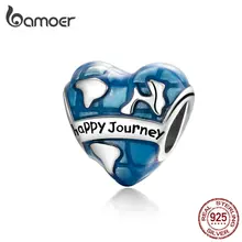 BAMOER подвеска «Земля» 925 пробы Серебряная синяя эмаль в форме сердца земля путешествие бусины с местами путешествий для талисман на память браслеты SCC1176