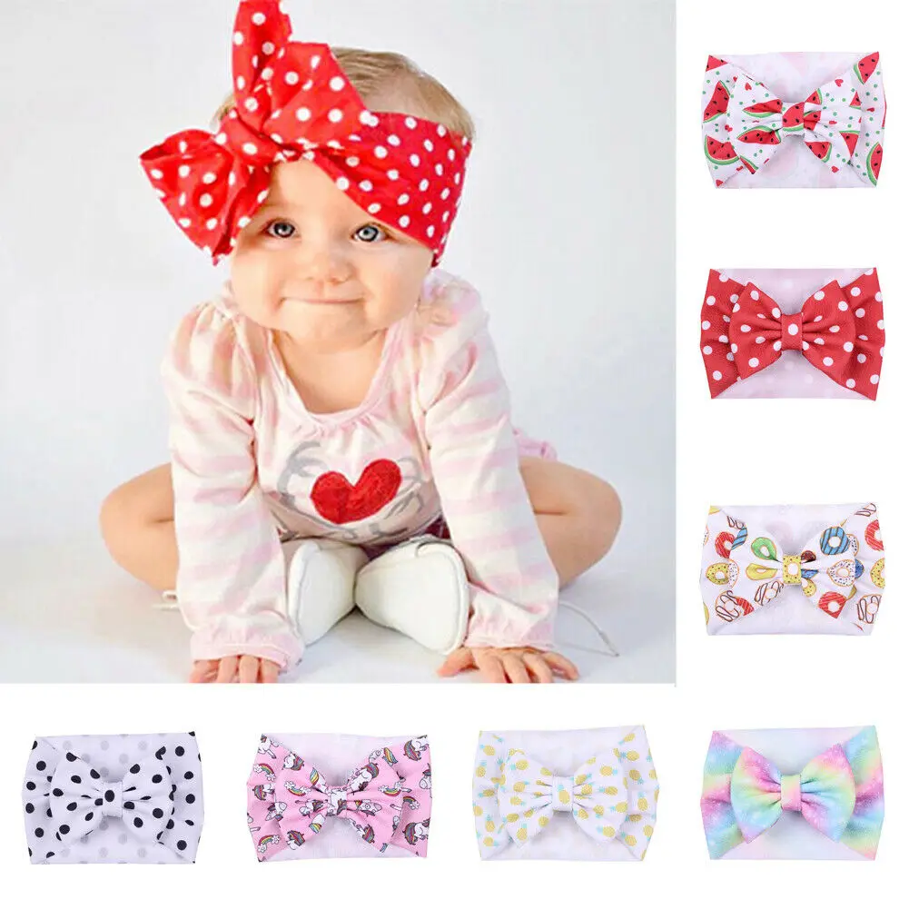 

2 Stylish Newborn Toddler Baby Girls Kids Dot Flower Bow Knot Hairband Headband Stretch Turban Head Wrap Accessories Print